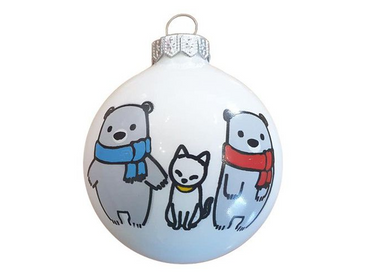 Maci család cicával fényes fehér - Karácsonyfadísz