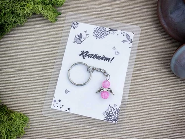 Köszönöm rózsaszín angyal medálos kulcstartó