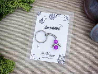 Szeretettel lila angyal medálos kulcstartó