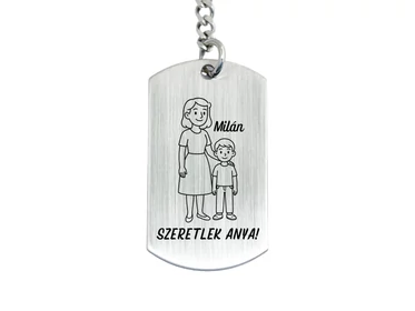 Szeretlek Anya gravírozott acél kulcstartó fiúgyermek nevével