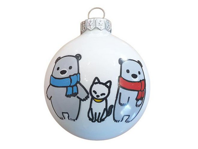 Maci család cicával fényes fehér - Karácsonyfadísz