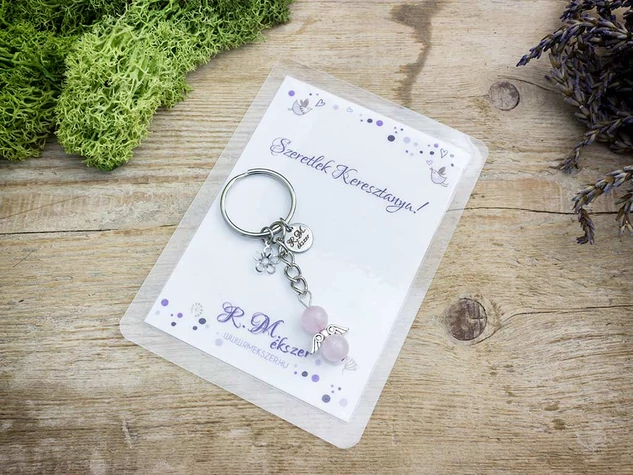 Szeretlek Keresztanya kulcstartó rózsakvarccal