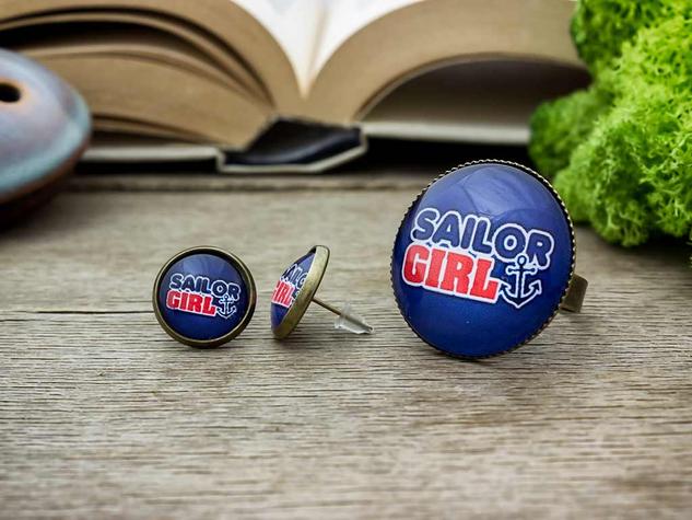 Üveglencsés sailor girl gyűrű és fülbevaló szett