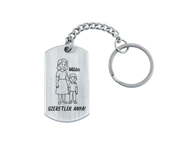 Szeretlek Anya gravírozott acél kulcstartó fiúgyermek nevével